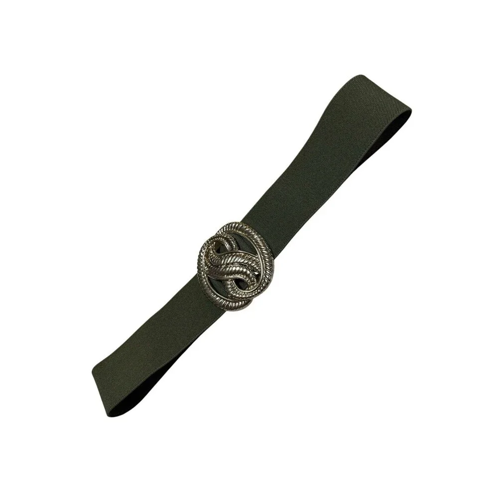 Olive Green Stretch Waist Belt Gold Tone Rope Knot Buckle Wide Elastic